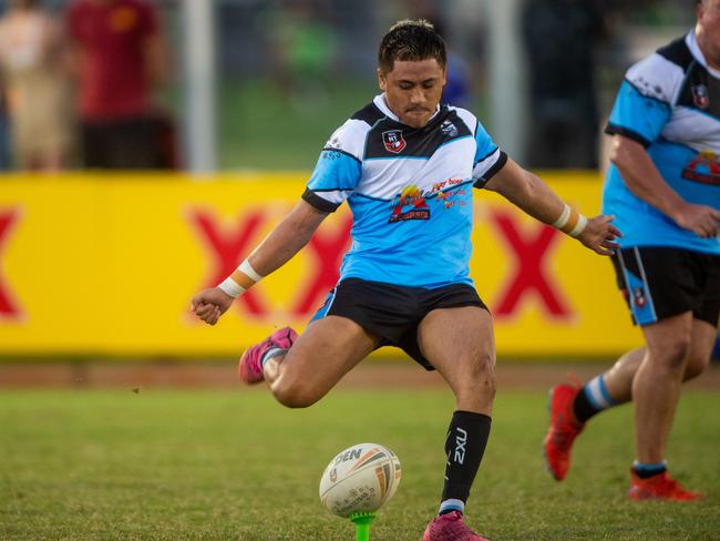 NRL NT: Northern Sharks v Darwin Brothers. Dakota Marsh kicks off. Picture: Che Chorley