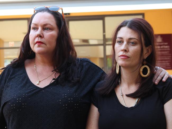 Shane Tapp's cousin Megan Coutts and sister Danielle Black outside the Katherine Local Court on Thursday. Picture: Jason Walls