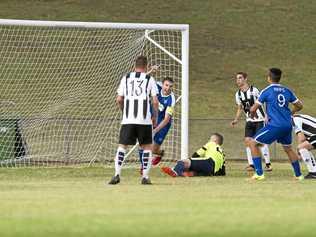 MAGIC MOMENT: Rockville captain Connor Simpson, brother of the late Jake Simpson, celebrates his goal against Willowburn in the Jake Simpson Memorial Match. Connor's strike proved to be the winner with Rockville holding on for a 1-0 win. Picture: Kevin Farmer