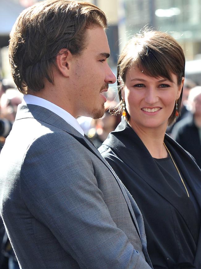 Hugo Wran with sister Harriet following their father Neville’s State Funeral in 2014. Picture: AAP