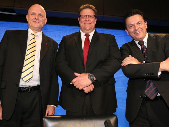 Cross Bench Senators David Leyonhjelm, Glenn Lazarus and Nick Xenephon in a panel address to the National Press Club in Canberra today. Picture: Ray Strange.