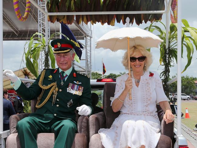 Camilla, Duchess of Cornwall and Charles, Prince of Wales are driven around Sir John Guise Stadium after a cultural event in Port Moresby. Picture: Chris Jackson/Getty Images