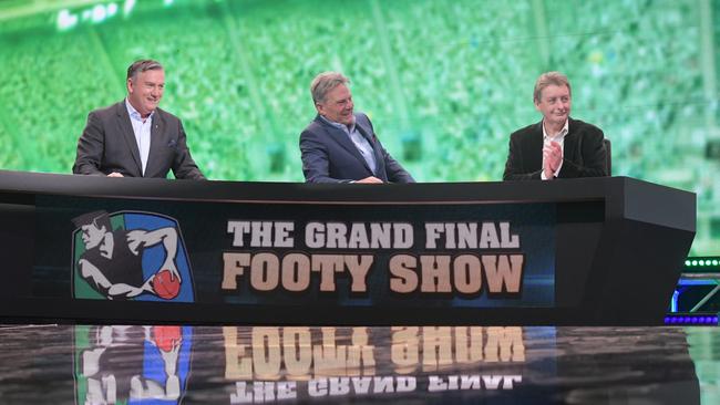 Eddie McGuire, Same Newman and Trevor Marmalade at the 2019 Footy Show Grand Final special. Picture: Supplied/Channel 9