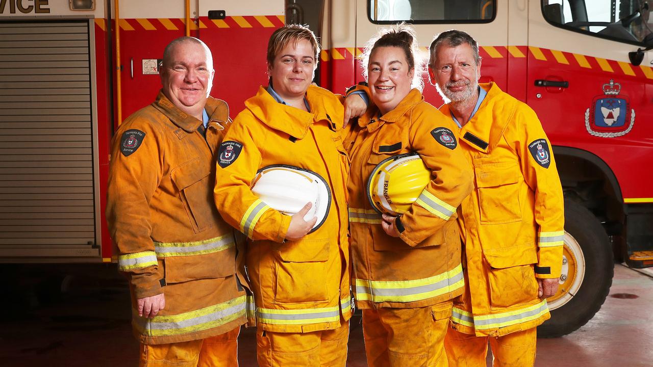 From left, Andrew Melton, brigade chief of Upper Huon Fire Brigade, Natasha Joyce, a firefighter for the Dover Fire Brigade, Amelia Franklin, 2nd officer of Geeveston Fire Brigade, and David Cameron, group officer of Esperance and Southport Fire Brigade. Picture: NIKKI DAVIS-JONES