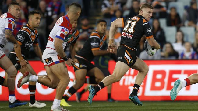 Wests’ Luke Garner cuts through the Newcastle defence. Picture: AAP