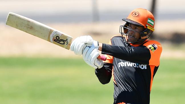 Ashton Agar bats in the practice match against the Strikers at Karen Rolton Oval. Picture: Mark Brake/AAP