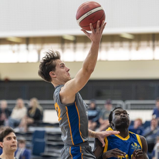 Jake Miles-Wrency of Churchie 1st V against Toowoomba Grammar School 1st V in Round 4 GPS basketball at Toowoomba Grammar School, Saturday, August 3, 2024. Picture: Kevin Farmer