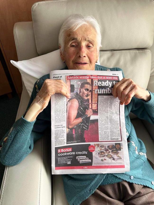 Rhea Ripley’s proud Nonna with her copy of The Advertiser before her death. Picture: @rhearipley/ Instagram