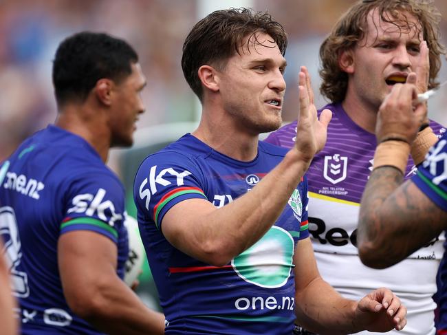 HAMILTON, NEW ZEALAND - FEBRUARY 15: Luke Metcalf of the Warriors (C) celebrates a try during the 2025 NRL Pre-Season Challenge match between New Zealand Warriors and Melbourne Storm at FMG Stadium Waikato on February 15, 2025 in Hamilton, New Zealand. (Photo by Fiona Goodall/Getty Images)