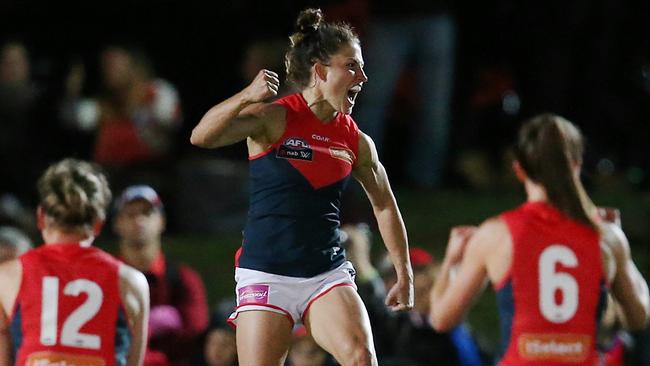 Melissa Hickey celebrates a goal during the first AFLW season. Picture: Michael Klein