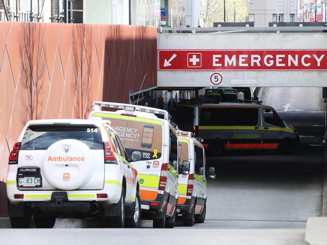 Ambulances ramped outside the Royal Hobart Hospital emergency department. Picture: LUKE BOWDEN