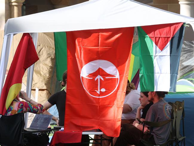 Terrorist flag on display at the Pro-Palestinian protest camp, Great Court, UQ Campus, St. Lucia. Picture: Liam Kidston