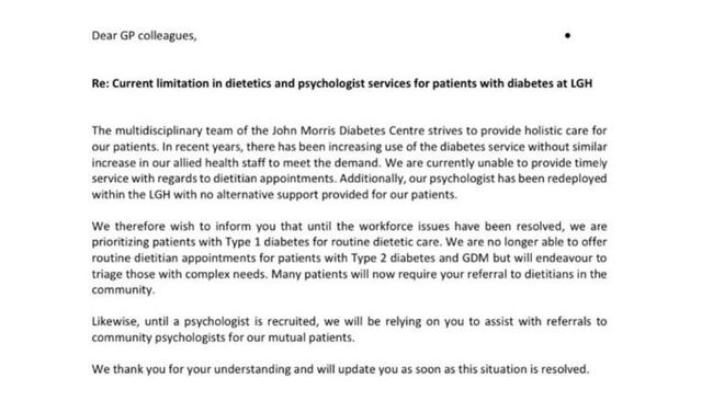 Letter regarding the limitation in dietetics and psychologist services for patients with diabetes at LGH. Supplied.
