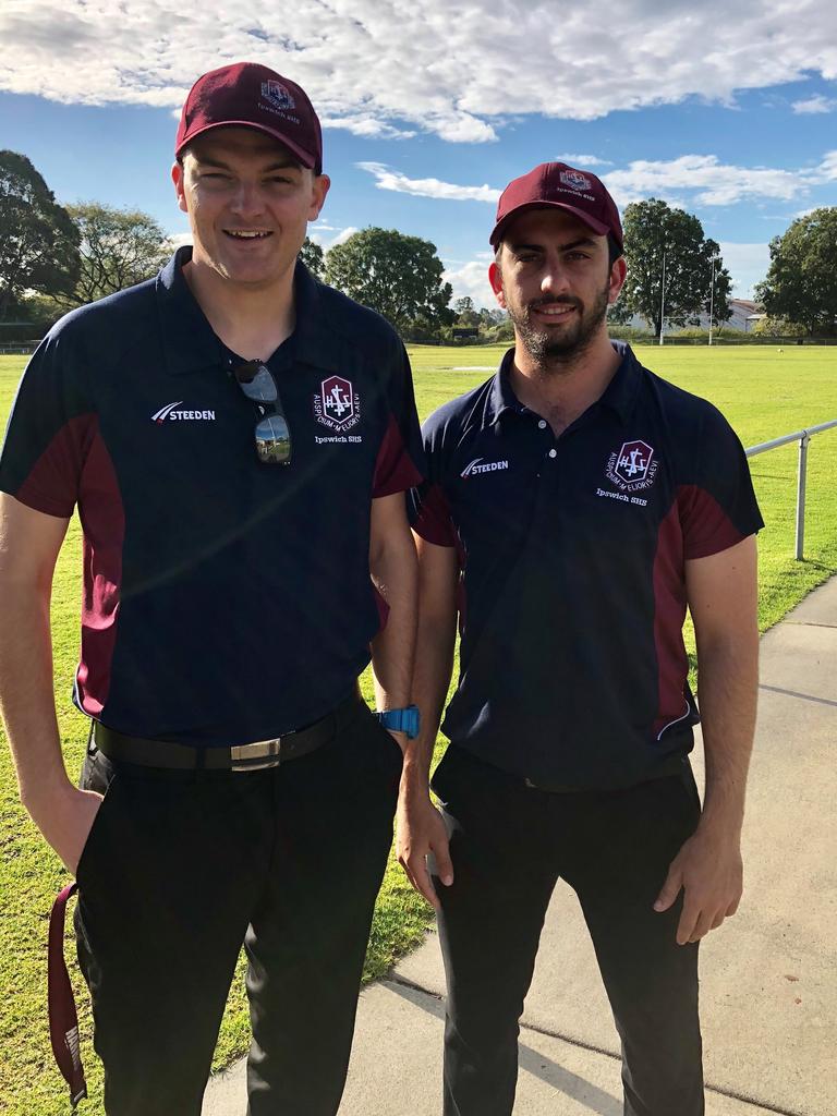 Ipswich State High School assistant coach Shane Harris (left) with strength and conditioning coach Jonathan Dore.