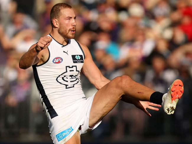 PERTH, AUSTRALIA - JULY 09: Harry McKay of the Blues kicks for goal during the round 17 AFL match between Fremantle Dockers and Carlton Blues at Optus Stadium, on July 09, 2023, in Perth, Australia. (Photo by James Worsfold/AFL Photos/via Getty Images)