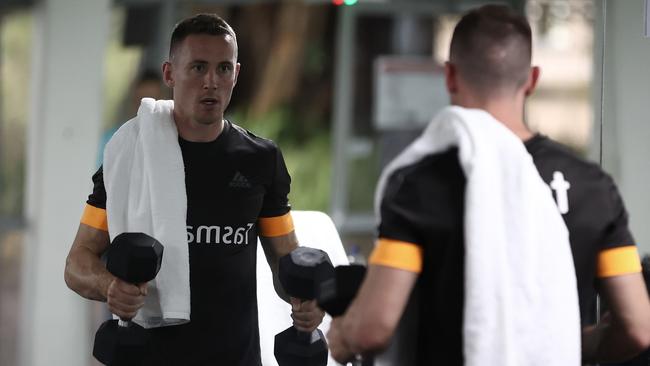 Hawk Tom Scully hits the gym in the club’s Sydney hub. Picture: Getty Images