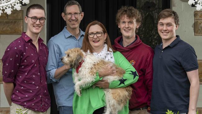 30/4/22 - Labor Boothby candidate Louise Miller-Frost and her triplet sons Riordan, Hamish and Jacques, all 22 with  husband Kim Cheater and dog Tim at their home in Cumberland Park. Picture: Naomi Jellicoe