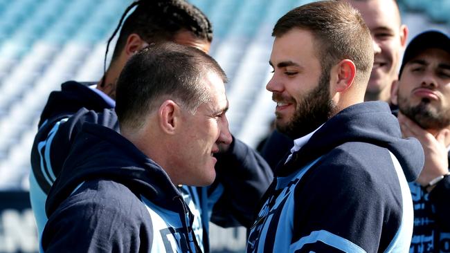 Paul Gallen talks to Wade Graham during the NSW Blues team announcement at ANZ Stadium. Picture: Gregg Porteous