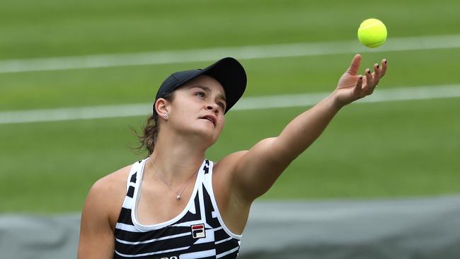 Ash Barty serves during her first-round match in Birmingham.