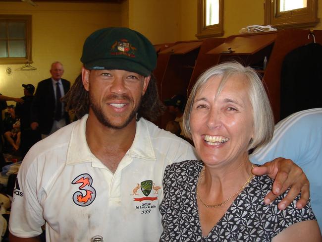 Andrew Symonds with his mother Barbara after a Test match. Picture: Supplied