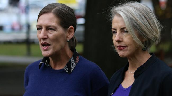 Greens leader Cassy O'Connor and MP Rosalie Woodruff speak to the media on parliament Lawns in Hobart on Thursday May 20, 2021.