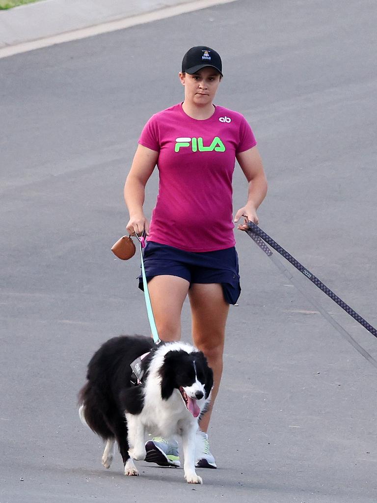 A pregnant Ash Barty takes her dogs for a morning walk near her home at Brookwater. (WP Media)