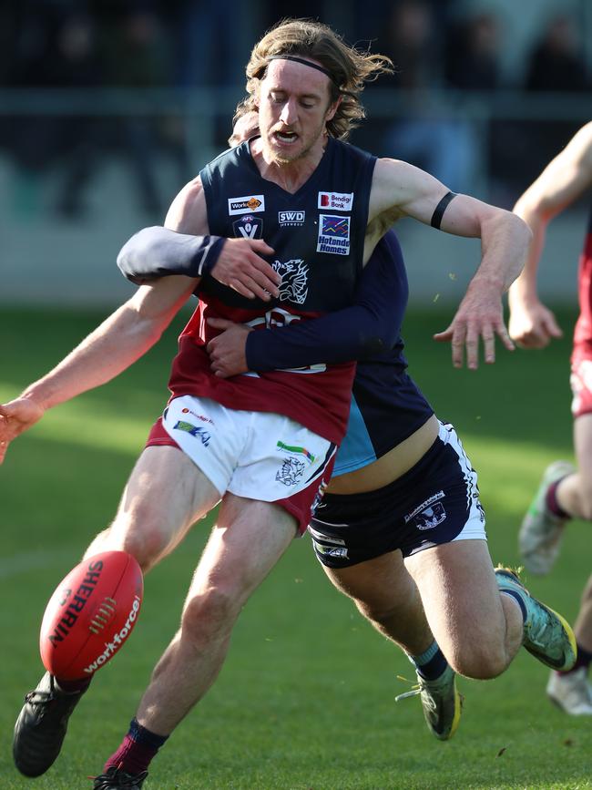 Sandhurst’s James Coughlan playing against Eaglehawk when the two teams played a draw. Picture: Yuri Kouzmin