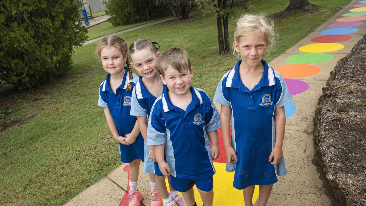 MY FIRST YEAR 2024: Emu Creek State School Prep students Lena, Madison, Noah and Marnie, Thursday, February 15, 2024. Picture: Kevin Farmer