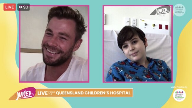 Chris Hemsworth chatted with Tyler at the Queensland Children's Hospital as part of Juiced TV's Virtual Visits series on Tuesday. Picture: Juiced TV/ Facebook