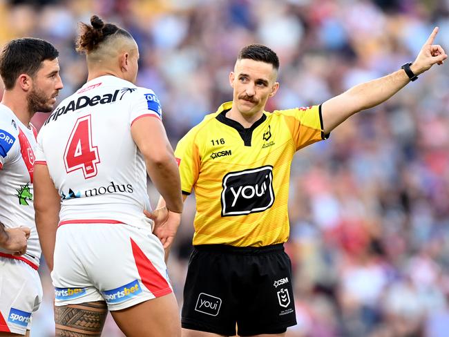 BRISBANE, AUSTRALIA - MAY 16: Tyrell Fuimaono of the Dragons is sent off for an alleged illegal shot on Ryan Papenhuyzen of the Storm during the round 10 NRL match between the Melbourne Storm and the St George Illawarra Dragons at Suncorp Stadium, on May 16, 2021, in Brisbane, Australia. (Photo by Bradley Kanaris/Getty Images)