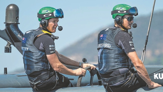 Tom Slingsby at the wheel with Kyle Langford last year. Langford will race for a rival exam this season. Picture: Supplied SailGP