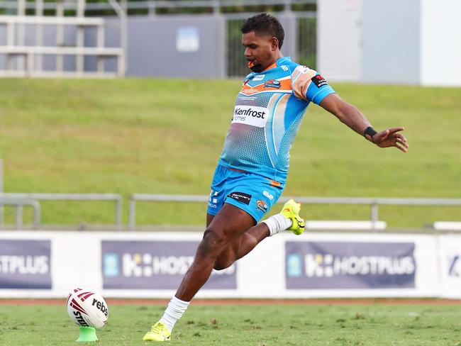 Pride's Terrence Casey-Douglas kicks the last conversion in the Hostplus Cup Queensland Rugby League (QRL) match between the Northern Pride and the Sunshine Coast Falcons, held at Barlow Park, Cairns Picture: Brendan Radke