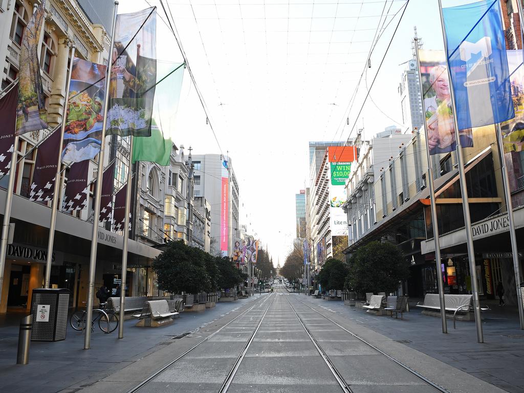 An empty Bourke Street Mall in Melbourne, Australia yesterday. Picture: Quinn Rooney/Getty Images.