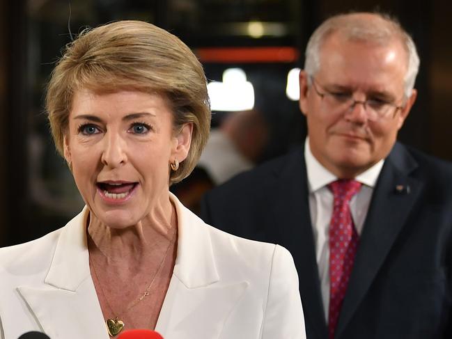 SYDNEY, AUSTRALIA - NewsWire Photos MARCH, 09, 2021: Minister for Employment Michaelia Cash and Prime Minister Scott Morrison speak to media during a visit to Signorelli Gastronomia in Sydney. Picture: NCA NewsWire/Joel Carrett