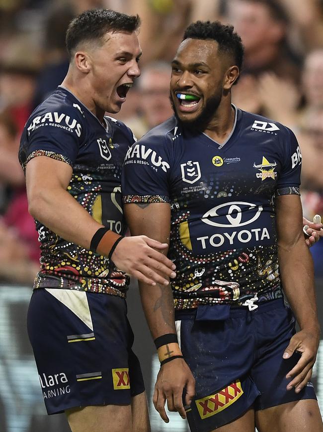 Hamiso Tabuai-Fidow of the Cowboys celebrates after scoring a try during the round 12 NRL match between the North Queensland Cowboys and the New Zealand Warriors at QCB Stadium. (Photo by Ian Hitchcock/Getty Images)