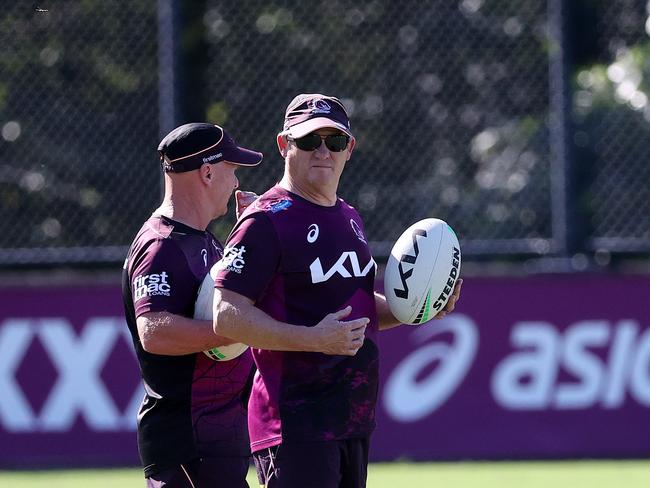 Brisbane Broncos training at Red Hill, Monday afternoon. Coach Kevin Walters with Alfie Langer. Picture: Nigel Hallett