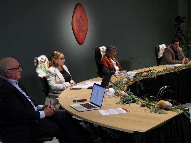 Commission members, Kevin Bell AM KC, Sue-Anne Hunter,  Professor Eleanor Bourke AM, Travis Lovett and Professor Maggie Walter. Picture: Brianna Young/Yoorrook Justice Commission.