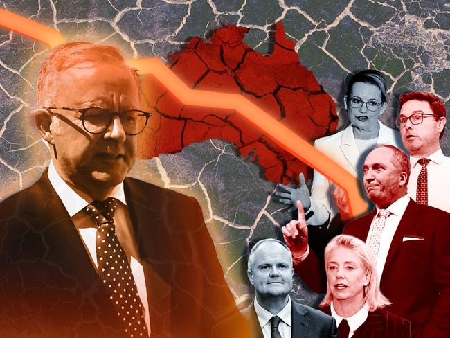 EMBARGOED FOR INQUIRER 24 MAY 2025. 22 May 2025; a photo comp of Anthony Albanese, Ted O'Brien, Barnaby Joyce, Sussan Ley, David Littleproud, Bridget McKenzie in front of a map of Australia. Artwork by Emilia Tortorella. Sources: supplied and iStock. Ratio 4:3 FOR DIGITAL.