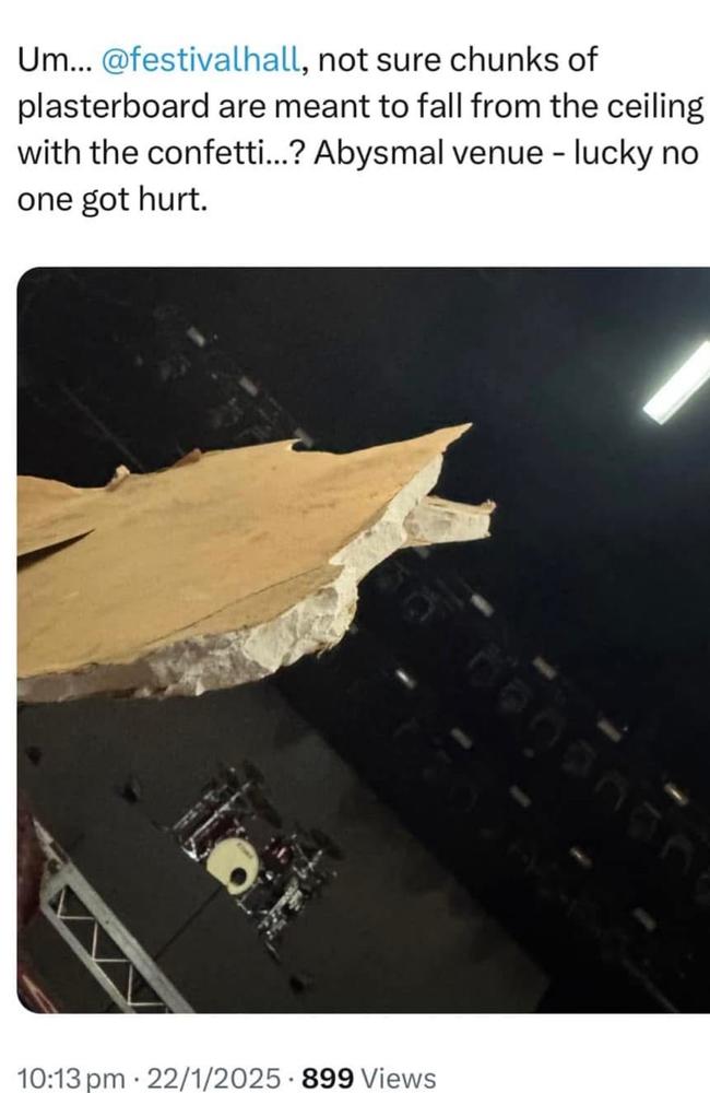Fans were rocking out to the band Bad Omens at Festival Hall on Wednesday night when confetti cannons fired off into the crowd. However, as the confetti fell, so too did large chunks of plaster from the ceiling. Picture: X