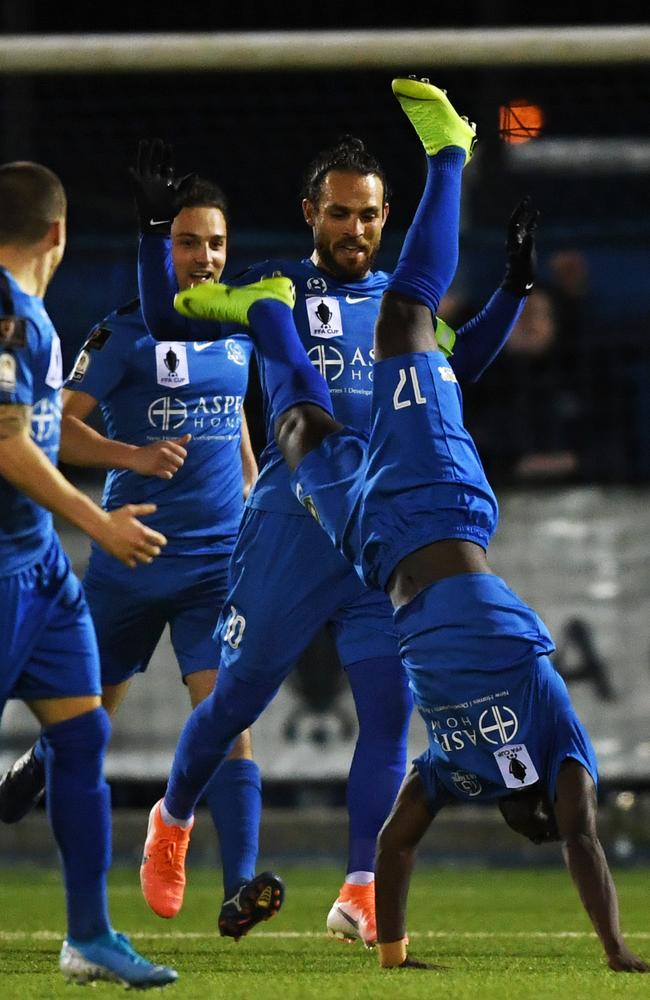 Mamadi Karama celebrates scoring for Adelaide Olympic. Picture: Getty Images