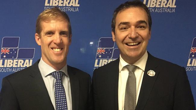 The Liberals’ candidate for Morphett, Stephen Patterson, with Liberal Leader Steven Marshall. Picture: Sascha Meldrum