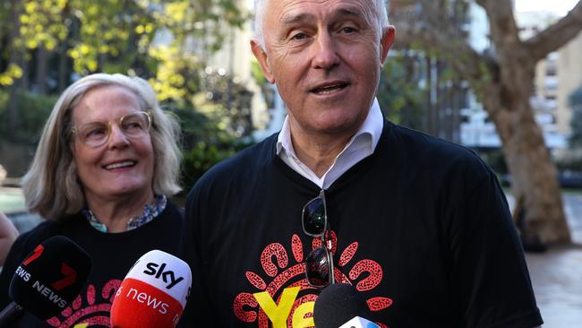 Former Prime Minister Malcolm Turnbull and wife Lucy Turnbull campaigned for the Voice to Parliament in Sydney this week. Picture: Gaye Gerard