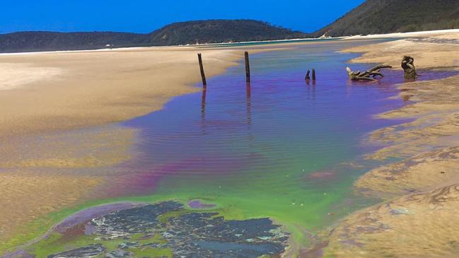 Authorities say stagnating water is the reason a popular lagoon at Double Island point has turned a sickening green, with the area a popular spot for the growth of sea scum. Pictures: The Ice Man Facebook page