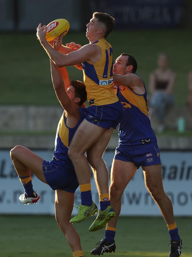 Tyler Keitel clunks a mark during West Coast’s intra club Picture: Paul Kane/Getty Images