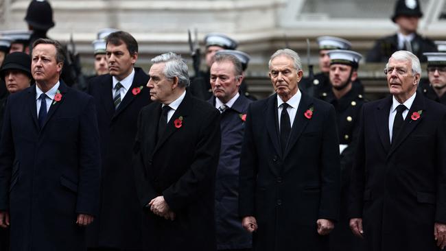 David Cameron, Gordon Brown, Tony Blair and John Major attend the Remembrance Sunday ceremony at the Cenotaph on Whitehall in central London. Picture: AFP