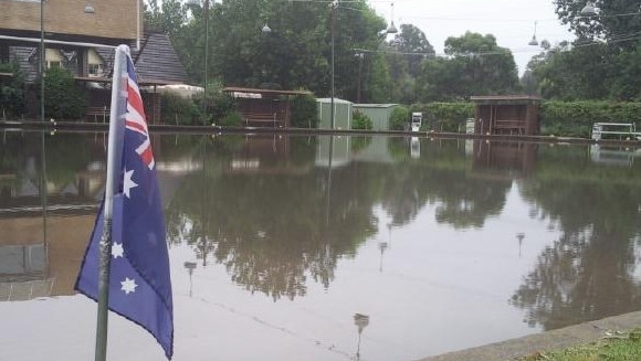 The flooded East Malvern RSL sub-branch bowling greens in February 2011, as photographed by Madelin Craig.