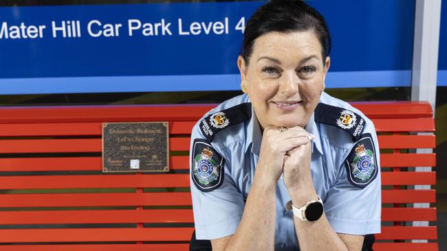 Acting senior sergeant Sharon Morgan on the red bench at Mater Hospital, South Brisbane. Picture: Richard Walker