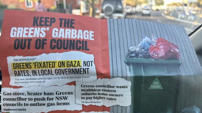 A flyer urging voters to "keep the Greens' garbage out of council" in Randwick. Picture: Tileah Dobson