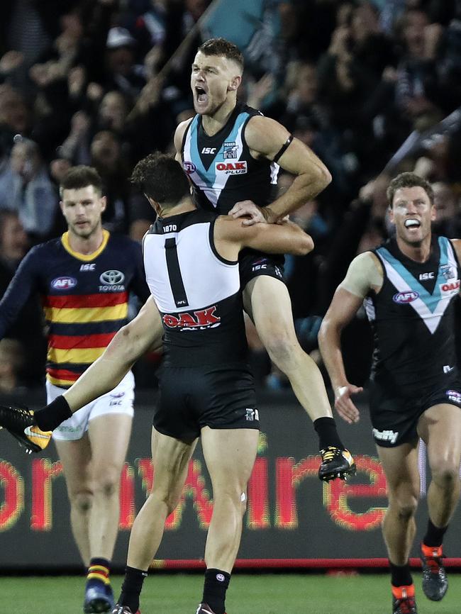 Robbie Gray celebrates one of his five third-quarter goals. Picture: Sarah Reed