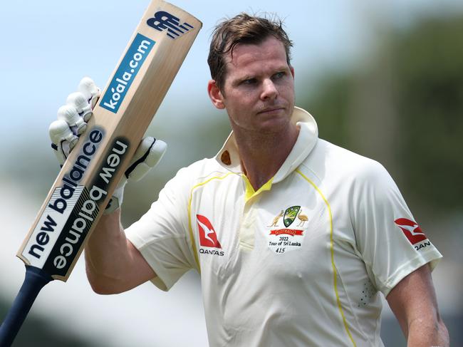 GALLE, SRI LANKA - JULY 09: Steven Smith of Australia gestures as he leaves the field unbeaten on 145 runs during day two of the Second Test in the series between Sri Lanka and Australia at Galle International Stadium on July 09, 2022 in Galle, Sri Lanka. (Photo by Buddhika Weerasinghe/Getty Images)